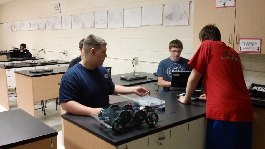 A team of students at Oak-Land Jr. High races to finish their final project, which is to make a remote-controlled robot. These materials were bought through a donation from 3M. The goal of using the grant money is to create a science class that is more focused with a hands-on and engineering bases rather than a class focused mainly out of a textbook.