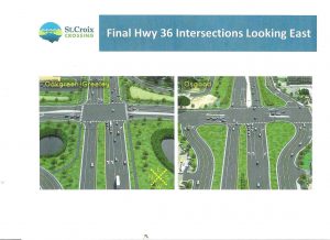Birds eye view of bridge and new Highway 36 road construction plans.