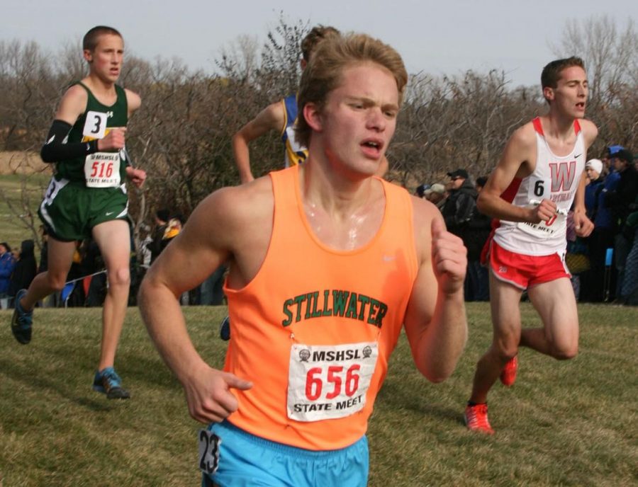 Senior John Huntley, one of the top  runners for Stillwater, pushes his hardest to finish strong in the Minnesota State Championships.