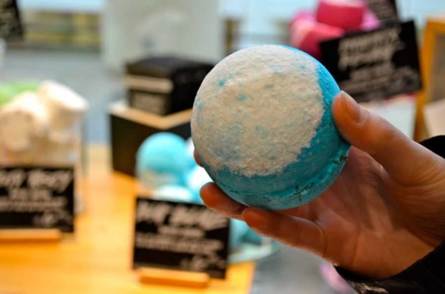 Photo by Megan McGuire  The different colored mixtures of natural ingredients are hand packed together into patterned Bath Bombs. They have a chalky texture and can be up to the size of a baseball. I was surprised at the size of the Bath Bombs when I first saw them, they are actually really big to be putting in a little bath tub, said sophomore Kleio Vrohidis.