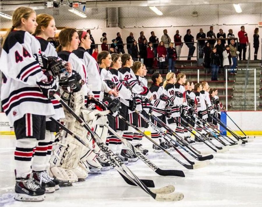 Photo Courtesy Katie Lottsfeldt
The varsity hockey team lines up for the national anthem at St, Croix Valley Rec Center before a game. “I think our biggest win was the section quarterfinals against White Bear. We had a rocky start but then came back together as a team,” said Katie Lottsfeldt