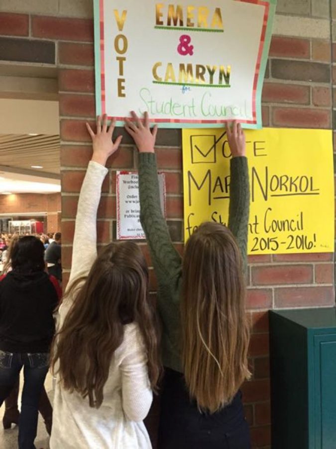 Student Council candidates are hanging up posters throughout the school to persuade students to vote on Friday, April 24.