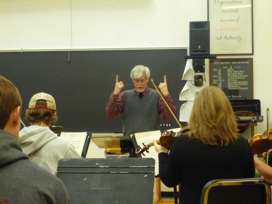 Orchestra Director Jerry Jones asks for the students to play higher, as they work together on intonation, or pitch, which is just one of the many musical fundamentals that Jones focuses on. Jones said, “One of the cool things about teaching music is that it is more than any other field, dependant on the teacher’s outlook and personality. I don’t have a set curriculum, the curriculum is the music, and the music depends on the level of the orchestra. So really, I have a a lot of freedom. It allows me to put my own personal spin on it. Somebody might have a totally different interpretation, so will it change? Of course it will, it has to.”