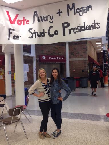 Juniors Avery Housley and Megan Friederichs pose in front of there large sign they had made for the upcoming election. I am so happy we had the opportunity to be apart of the election, it was a lot of fun. Said Housley.