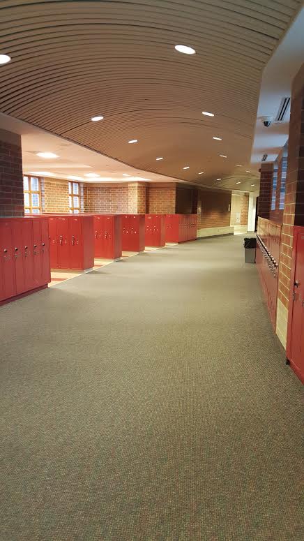 Beautiful hallway lined with red lockers