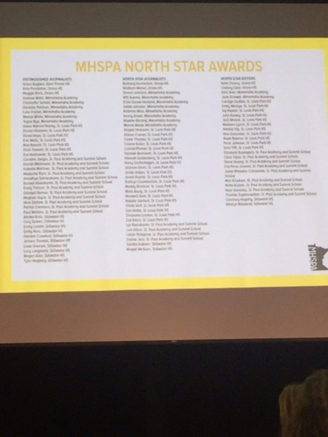 List of Winners of the North Star Awards from the MHSPA convention. 8 students won at this event, The fact that the newspaper is an award winning publication only pushes me to work harder to keep up that reputation, senior Sam Begin said.