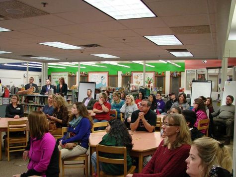 Parents of about 94 Lake Elmo future sixth graders listen to a presentation about the possible grade shift. “It actually gives them more options, my daughter is excelling at math right now and she would have more course options, said Katie Yates, mother of a future sixth grader at Lake Elmo.