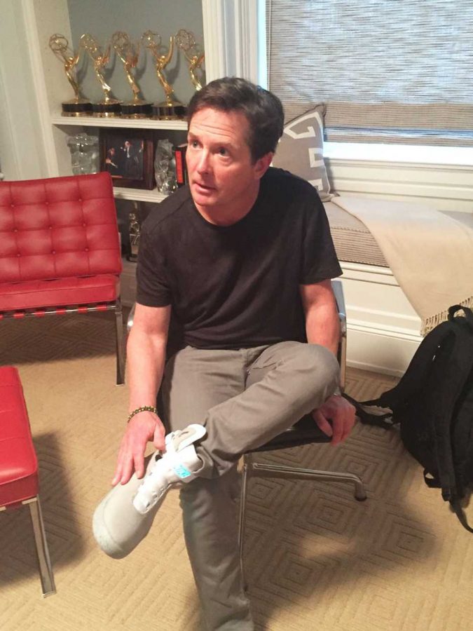 Photo courtesy Michael J. Fox
Prior to their release, a pair was gifted to Micheal J. Fox, the actor who played Marty McFly in all the Back to the Future films.  Junior Fisher Jakupciak said, "It's a good idea for those unable to tie their shoes [diabled persons] and I think it's something we are going to see more of".
