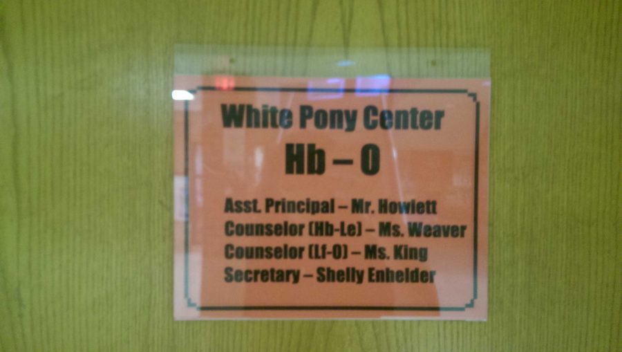 Located on the First floor closest the the lunch room is the White Pony Center, here Secretary, Shelly Enhelder, manages both counters and the assistant principal schedules along with many other things.