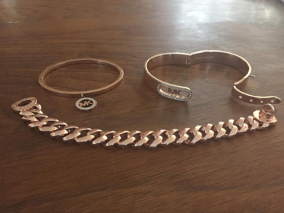 Rose gold, perfect to match a rose gold iPhone, Michael Kors bangles and Marc Jacobs chain bracelets ranging from $44.95 to $125. This new trend has taken over your average silver and gold jewelry.