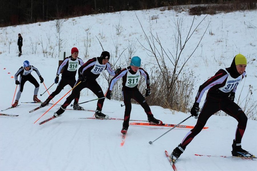 Four Stillwater skiers charge up the hill like a train in the teams recent conference race on the 26th of January. From right to left junior Noah Kneeskern, 7th grader Caden Albrect, senior Seth Cattanach, and junior Shad Kraftson. I think this team is worthy of a lot of respect, and Ill leave it at that, coach Kris Hansen says. 