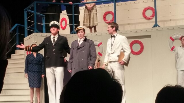 Seniors Simon Leppicello, Rhyan Biever, Joe Price act on stage during scene one. Bievers character dresses up as a sailor hide hide the fact that he is a stowaway. Senior Ellie McGinley says, “Its just a really funny show overall, there were lots of times where the audience would burst out laughing.”
