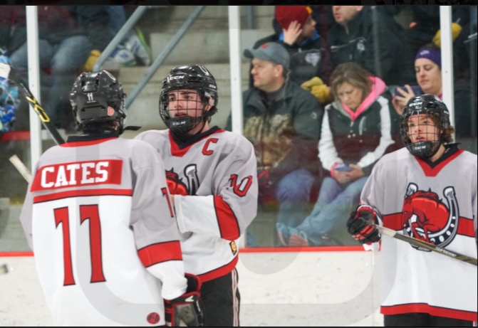 Noah Cates #11, Jackson Cates #10 and Gavin Holland #18 at the state hockey tournament. I was disappointed in our loss but we can just take this and learn from our mistakes and try again next year, Noah says.