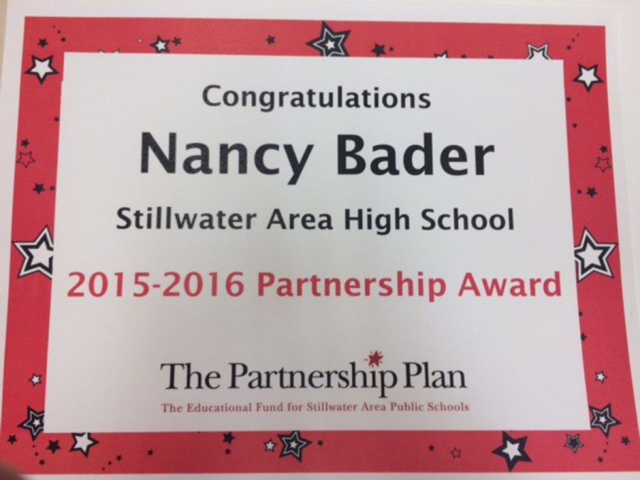 Social studies teacher Nancy Bader is recognized with seven other district 834 staff. “There was a ceremony, and I got up and they handed me a plaque, and then I had to give a little talk. We all had to say a few words about whatever we wanted to talk about,” Bader says.