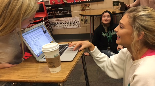 Oct. 4, a Wednesday morning, sophomores Jolie Anderson and Grace Arkell look up facts on different politicians. A nice part of the club is just learning the ropes of politics and understanding the different positions, Anderson said. 