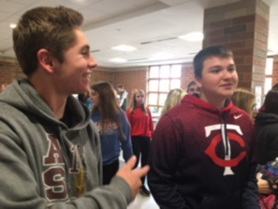 Sophomores Zach Cowley and Noah Pausik walking to class, causally talking. Both feel comfortable with what they are wearing, with the athletic look. Zach Cowley said, “Its cool and comfortable.”
