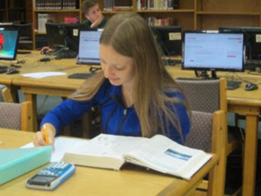 Marta Markowitz doing homework in the media center.