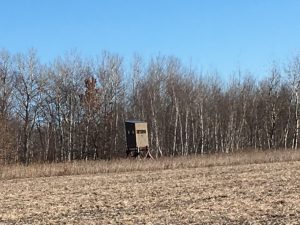 A box stand on the edge of a field in Northern Minnesota, ready for deer hunting. Zach Cowley says, “A box stand is a lot more comfortable than being 10 feet in a tree in the open.”
