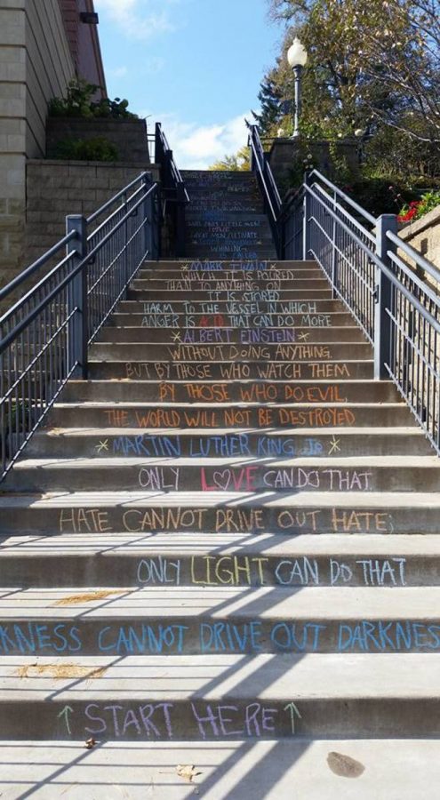 Photo by A. Matters. The stairs of the Stillwater Library have sayings of encouragement and kindness. “We first chalked the library stairs because they were well shoveled,” Matters says.
