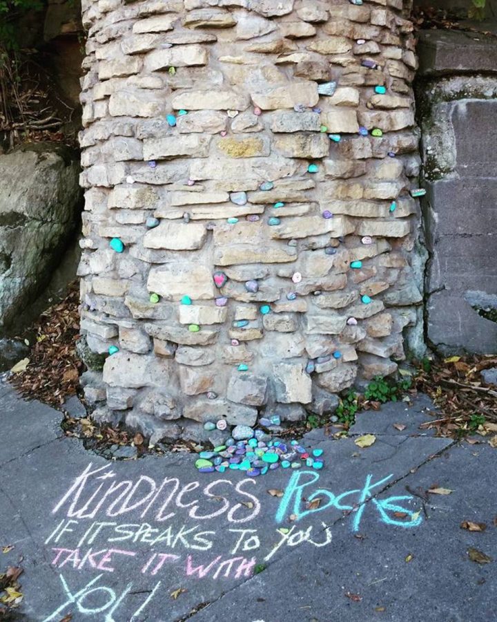 Photo by A. Matters.			This is a display of kindness rocks near the Stillwater stairs .“Annie and I made sculpty hearts, bookmarks, positive messages, magnets,” says Matters.
