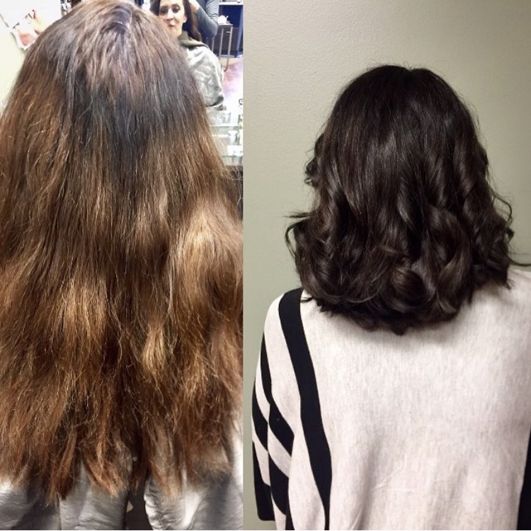 A before and after showing a dramatic change in hair length.  There is no time like the present to try something new with your hair! Tori Kelm says.