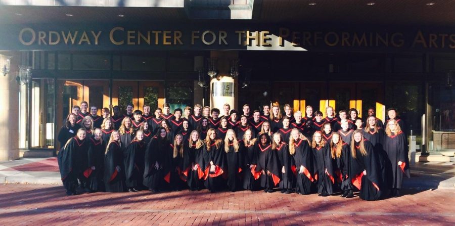SAHS choir in front of the Ordway to record two songs for the NPR radio station on Sunday December 4th. Photos courtesy of Angela Mitchell.