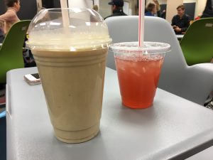Each drink comes with an aloe shot and a tea, which both and good for the digestive system. Hanson said, I think its also a cool concept that you get aloe, a shake and tea with your purchase.