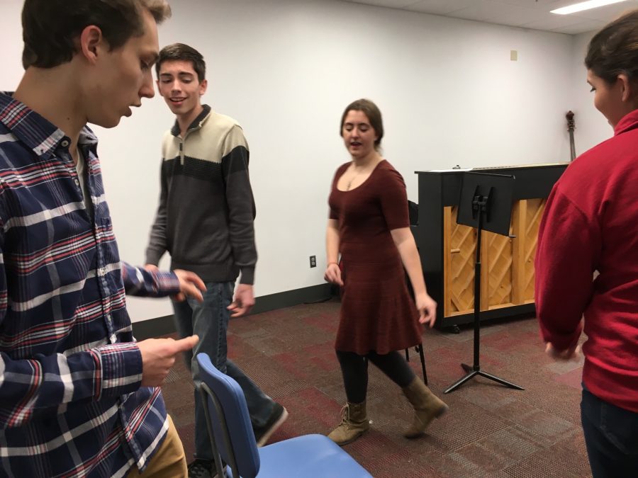 Junior James Wagner and seniors Matthew Dietrich, Jennah Slayton and Hailey Concepcion rehearse their serenade audition in hopes of gaining a chance at being a part of the BLAST week festivities. “This year, we are dedicating February 15 to students and are showcasing the wonderful talents our student body has to offer,” Balok says. “As always, we will end our week with a school-wide pepfest to celebrate our students, complete with a student teacher basketball game.”