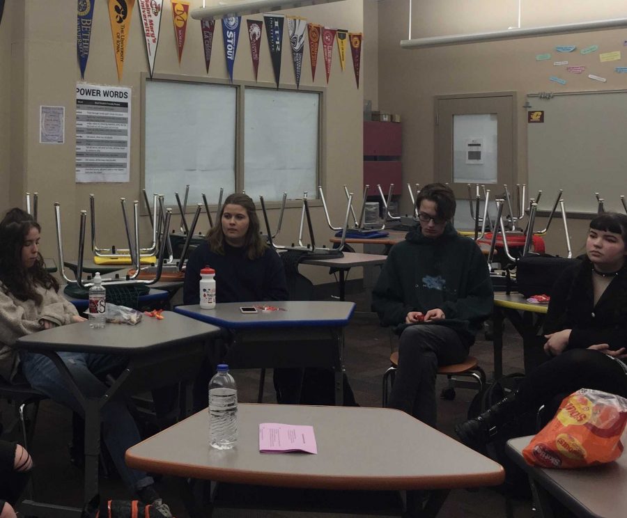 Members of the GSA Club, Holly Ringsak, Cat Clements, Ben Farmer and Katie Sluss attend the second official meeting in the online PE and Health room. Sophomore Clarice Vrambout says, The difference [between similar clubs like Feminist Club, Amnesty, etc.] is this clubs main focus is the LGBTQ+ community. 