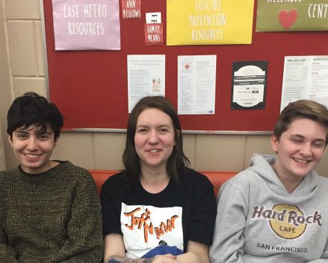 Sophomores Tessa Johansen, Clarice Vrambout and Lilly Sample sit together at a meeting. Vrambout weighs in on the clubs plans, Im not entirely sure [what activities the club will do], but I know we will collaborate with other schools GSA clubs.