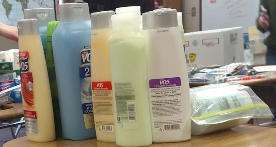 Bottles of shampoo, conditioner and body wash have been collected and sorted. A lot of people in our community arent able to purchase these things on their own so they go to Valley Outreach where they can get groceries and items such as these hygiene products that students donate, senior Corri Gardner says.