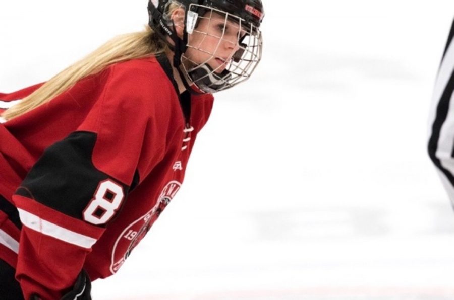 Anderson gearing up for a face off in a Stillwater girls varsity hockey game. Talking about the award Anderson says, “I was hoping I would receive this award because Im a three-sport athlete and Ive been very dedicated to athletics throughout my high school year.”