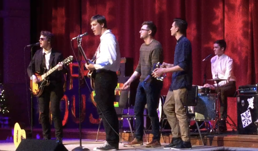 Seniors Charlie Skaret, Kai Knudson and Ben O’Malley performed at Winter Coffeehouse and invited former SAHS graduates Lars Stannard and Max Ylitalo up on stage to play the cowbell and tambourine. “Lars and Max play whatever we need them to. They can play anything from auxiliary percussion, drums, guitar, bass, keyboard, as well as vocals,” Charlie says.