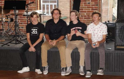 Juniors (left to right) Bobby Thueson, Reid Schossler, Patrick Lentz, and AJ Shoenecker getting ready to perform at Portside Bar in Stillwater, MN August 2018