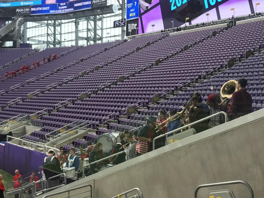 One of the many clubs and activities offered at school, the pep band, playing at the US Bank Stadium. Academics, athletics, clubs, music, and more are being considered for budget cuts. 