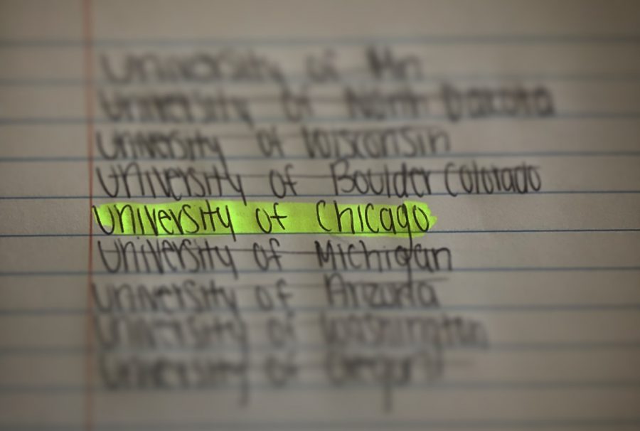 A list of Universities. The University of Chicago is the clear choice because that was the only college that offered test optional admission.