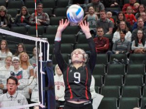 Senior Olivia Walsh sets during a volleyball game at the Xcel Energy center on Nov. 8. It is the final game during State against Lakeville South. 