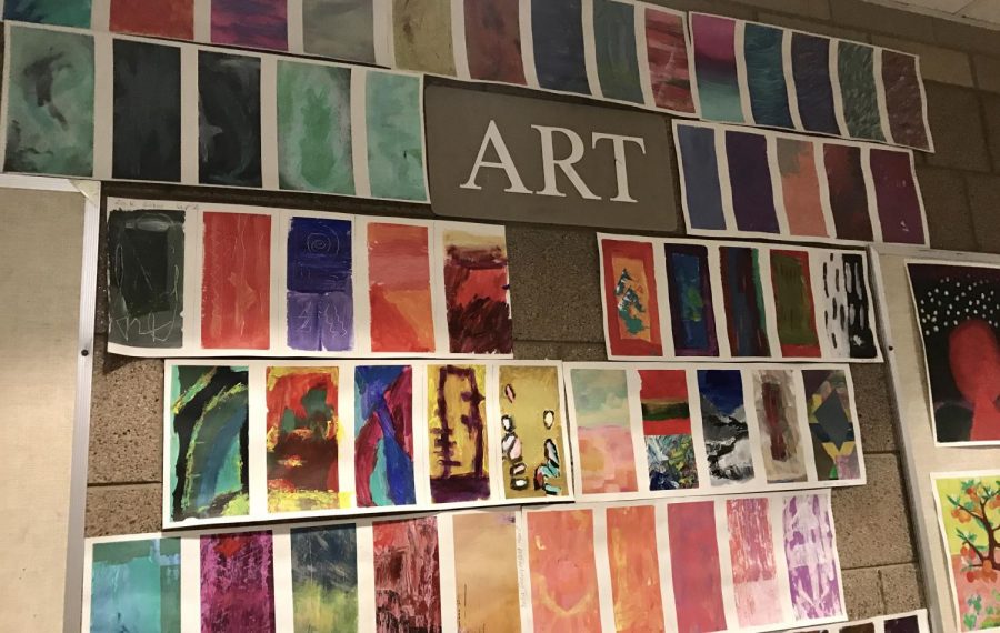 These+are+examples+art+hung+up+in+the+art+wing+of+SAHS.+These+were+created%2C+by+students+in+art+teacher+Peter+Koltuns+painting+class+earlier+this+month.
