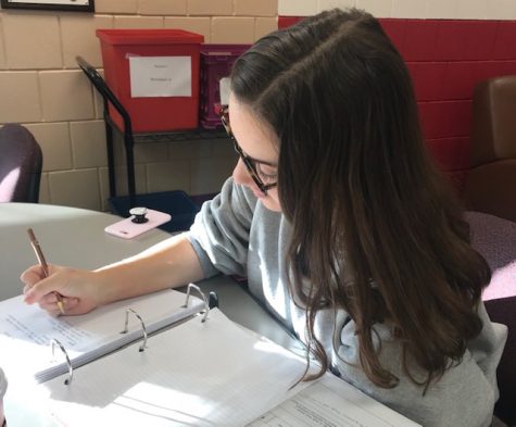 Senior Hannah Sween works on her newspaper assignment. Sween is an Editor-in-Chief for the newspaper this school year. During class, Sween works on her assignments and also answers the field reporters questions. The work she puts into this class is directly correlated to her accomplishments. 