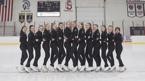 The team sometimes performs in between periods at hockey games. The skaters from left to right Berlim Mosssak, Grace Pugh, Sydney McNurlin, Stephanie Meiesterling, Julia Bennett, Grace Witt, Britta Hornback, Kendra Lundquist, Alecia Poppe, Sophia Weiss, Alison Bladder, Sophie Privette, Kyra Privette and Sophia Heidtke.