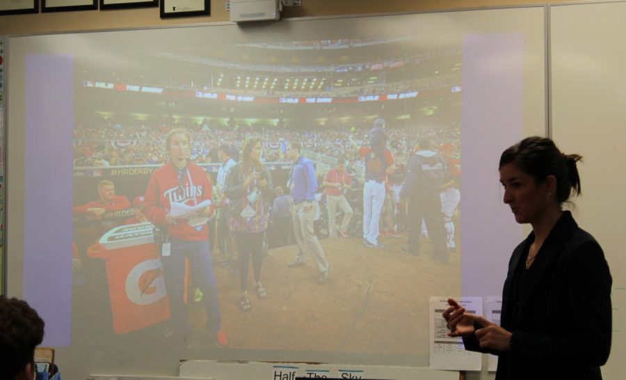 Chelsey Falzone shares how she achieved her dream job with second hour newspaper students.