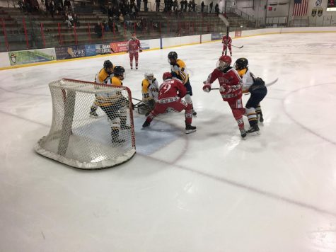 Junior Joe Stengl battles for the puck in front of the net. 