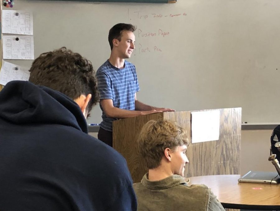 Senior Jack Batterton addresses the Model UN club before their trip to the University of Milwaukee March 20-22. This is the first year this club formed.