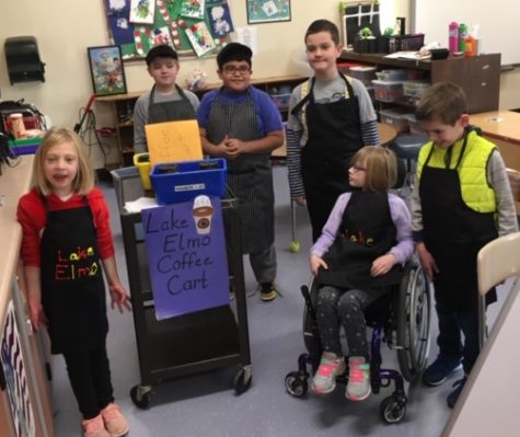 Special Education students at Lake Elmo Elementary in grades three through five run the coffee cart. Each Friday, they deliver coffee and hot chocolate to the staff members who have ordered some.