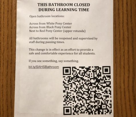 Signs posted outside all bathrooms, warning of the new bathroom use policy.