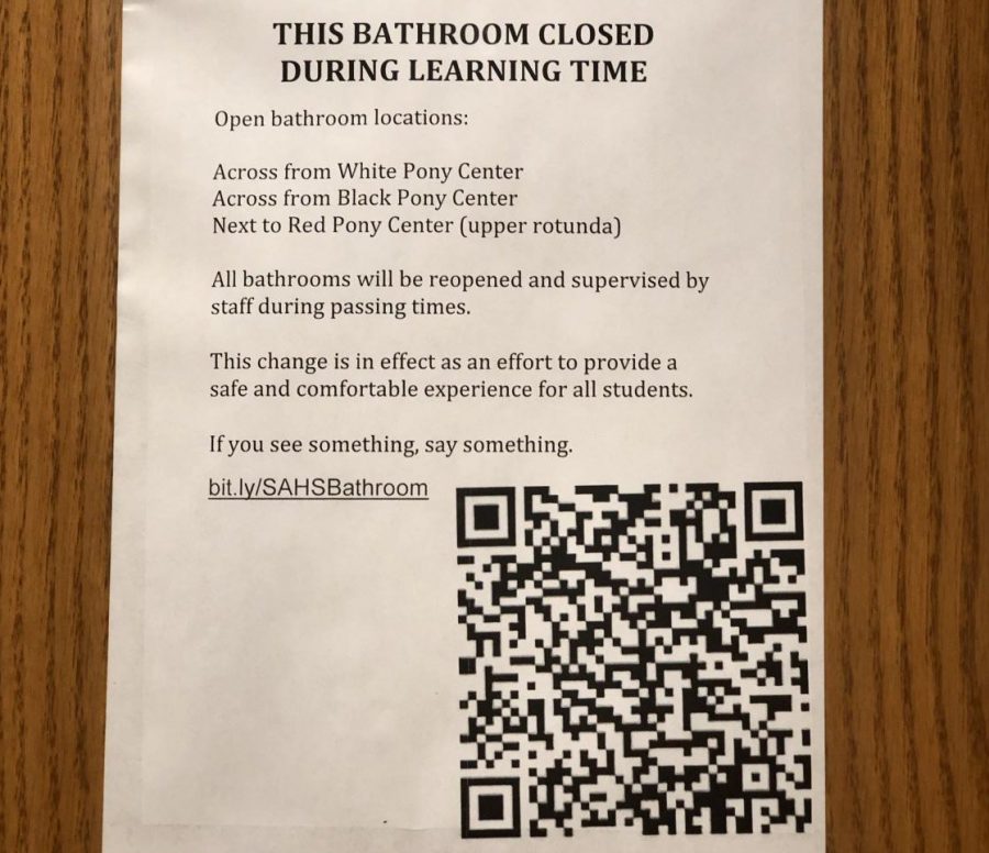 Signs posted outside all bathrooms, warning of the new bathroom use policy.