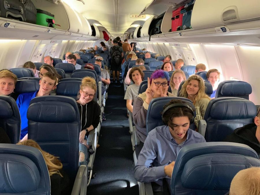 About to takeoff for Anaheim, Cali., Pony Express students find their seats and get comfortable for their four hour flight.