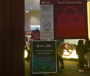 On the entrance doors to Marcus Theaters a new increased security bag policy goes into effect 3 days before the premier of Joker. A sign also warns that no costumes are allowed during screenings of Joker, showing  the increased tension and cautiousness around the film.