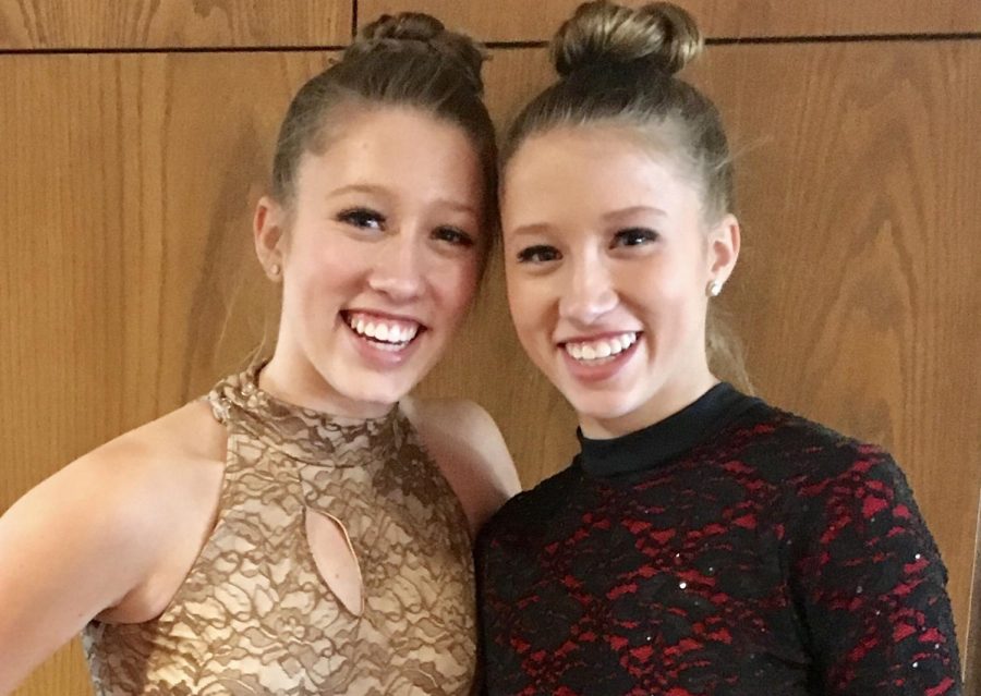 Sophomore twins Ava and Elise Karlstad pose for a picture after a dance recital in March. The twins dance at Inspiration Performing Arts Center (IPAC) in Mahtomedi. 
