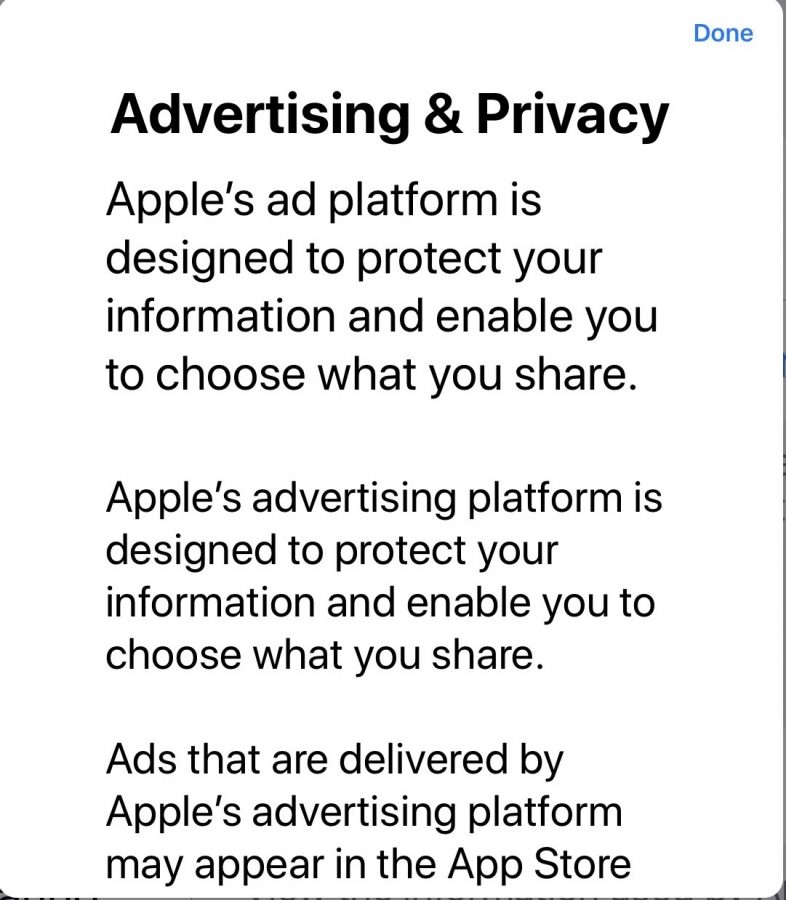 Apples ad and privacy policy says it is designed to let users share what they want to share. Further down, the policy says Apple can use purchases, searches and demographics to fit ads to a specific user. 